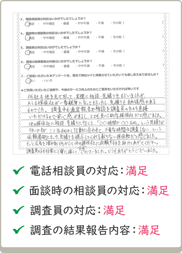 ALG探偵社が一番親身になってもらえたし、見積もりも納得感のあるものでした。