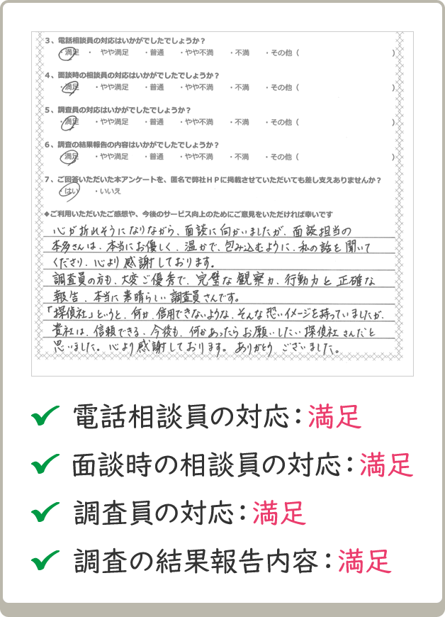 「探偵社」というと何か信用できないようなそんな恐いイメージを持っていましたが、貴社は信頼できる探偵社さんだと思いました。