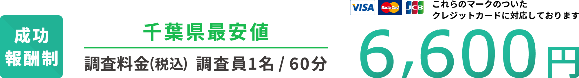 成功報酬制 千葉県最安値 調査料金(税込) 調査員1名60分 6,600円 各種クレジットカードに対応しております