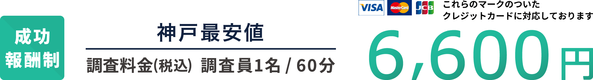 成功報酬制 神戸最安値 調査料金(税込) 調査員1名60分 6,600円 各種クレジットカードに対応しております