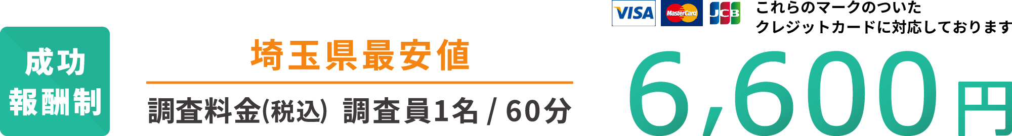 成功報酬制 埼玉県最安値 調査料金(税込) 調査員1名60分 6,600円 各種クレジットカードに対応しております