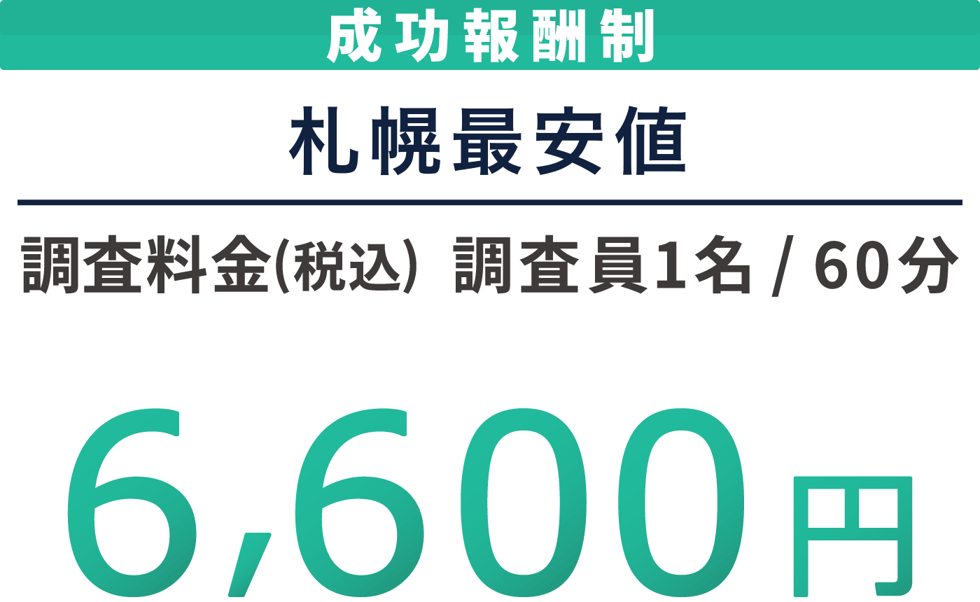 成功報酬制 札幌最安値 調査料金(税込) 調査員1名60分 6,600円 各種クレジットカードに対応しております
