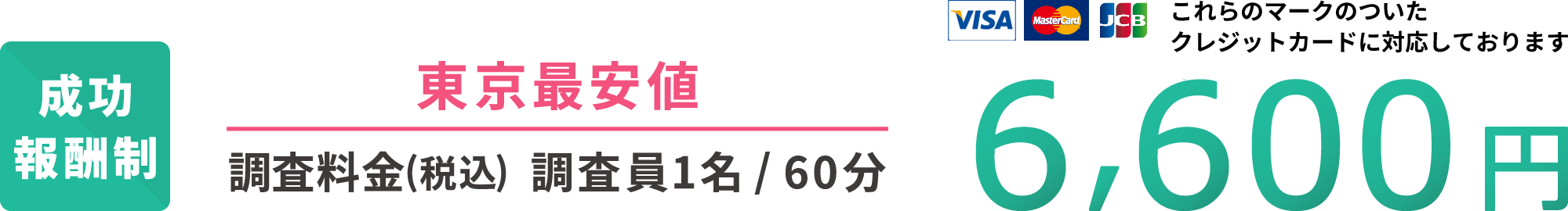 成功報酬制 東京最安値 調査料金(税込) 調査員1名60分 6,600円 各種クレジットカードに対応しております