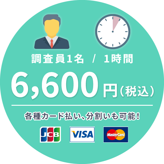 業界最安値! 調査員1名1時間6,600円(税込)。各種カード払い、分割払いも可能です